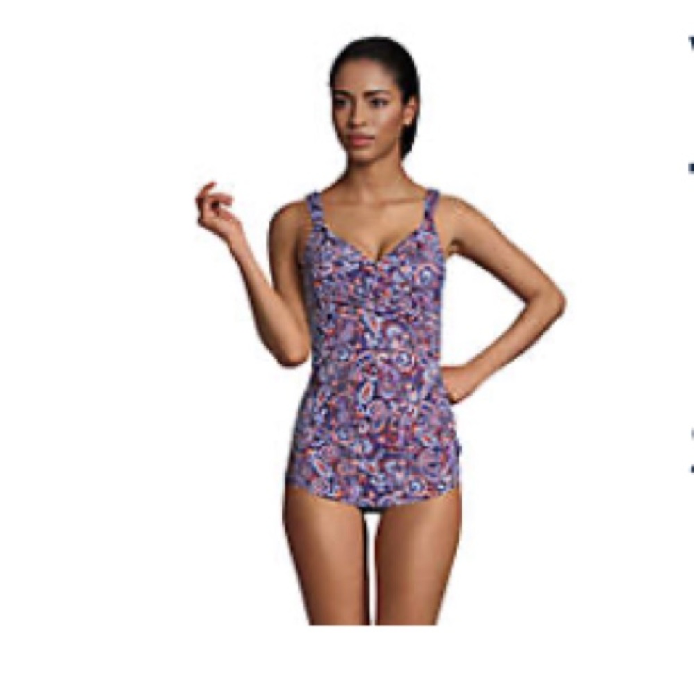 Lands End SlenderSuit V-Neck Tummy Control Chlorine Resistant Skirted Swimsuit